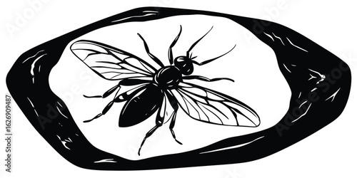 Elegant black and white illustration of a bee enclosed by an abstract organic shape on white background