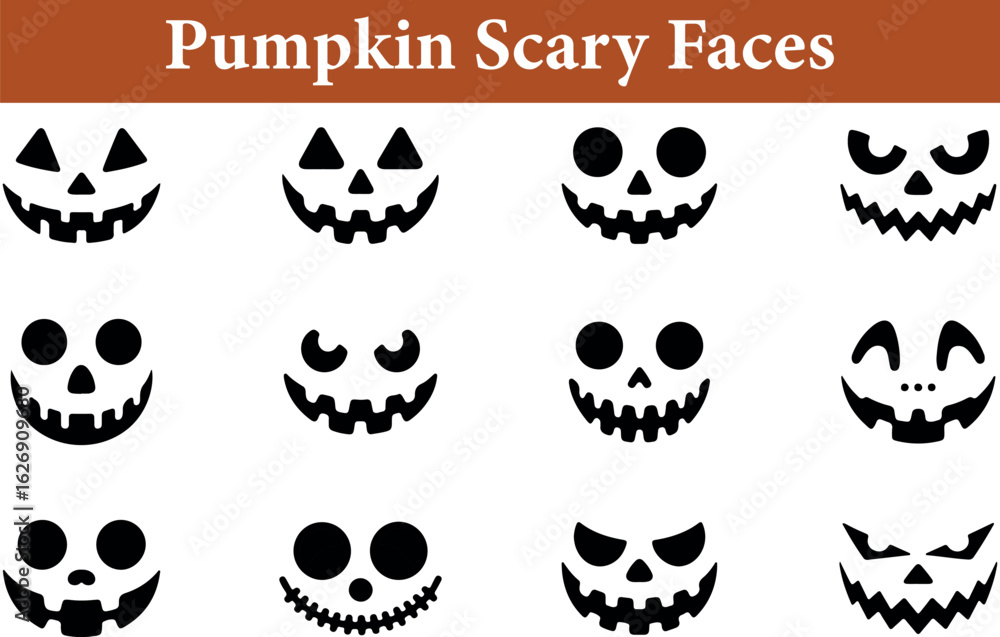 Naklejka premium Collection of diverse Halloween pumpkin faces with expressive carved designs silhouette isolated on transparent background 