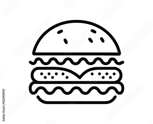 Minimalist hamburger icon with sesame bun, cheese slice, and patty—ideal for fastfood branding, menu design, and culinary illustrations