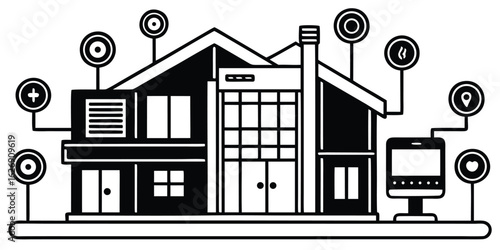 Illustration depicting a smart home concept with a modern house integrated with connected devices and remote control via smartphone.