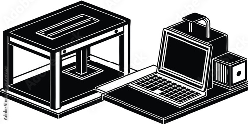 Isometric black and white illustration of a 3d printer and laptop for futuristic technology or engineering concepts
