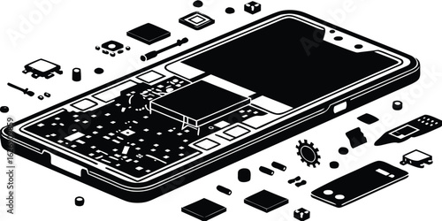 Isometric view of a smartphone disassembled into components for repair and technical illustration