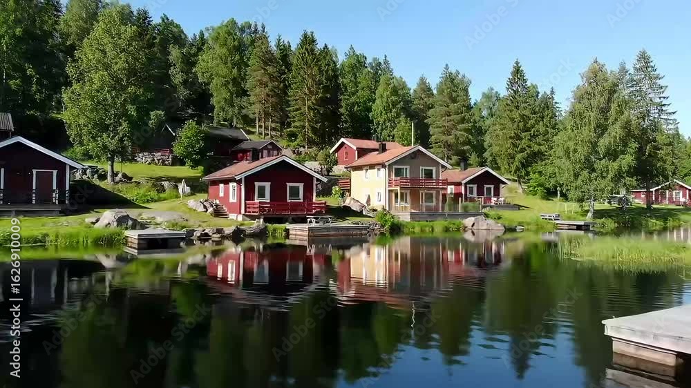 Lakeside red cabins, forested backdrop, sunny day Lakeside red cabins, forested backdrop, sunny day