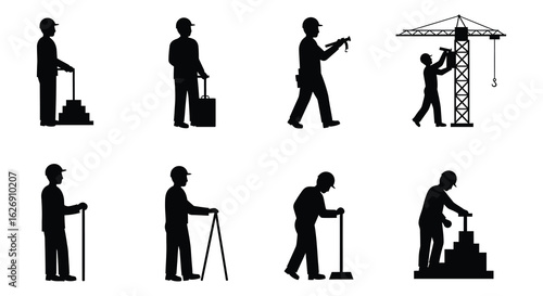 Silhouettes of construction workers engaged in various tasks at a building site with a crane