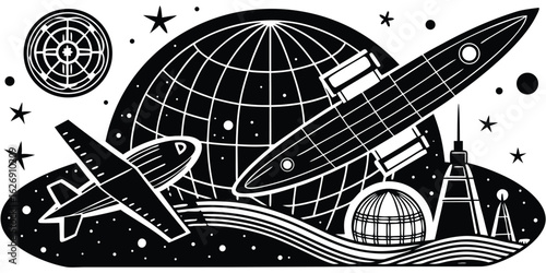 Vector illustration showcasing elements of space travel, exploration, planets, rockets, aeroplanes, and celestial objects for use in design projects.