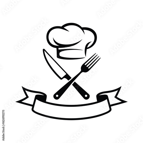 Silhouette of a chef hat with crossed knife and fork over a blank ribbon—perfect for restaurant branding, culinary logos, and kitchen design