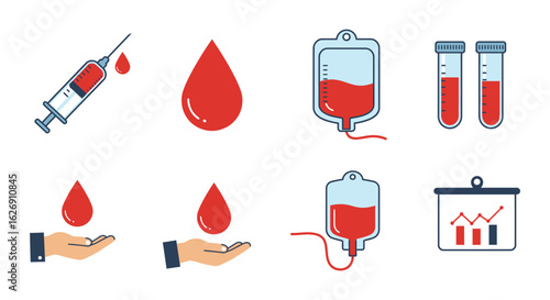 Collection of medical icons representing blood donation and testing with syringe iv bag test tubes and droplets