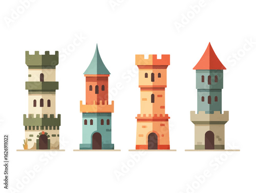Stylized Castle Towers Cartoon Illustration Whimsical Medieval Architecture Game Asset Design Fairytale Kingdom Structures Colorful Flat Vector Graphics Isolated on White Background