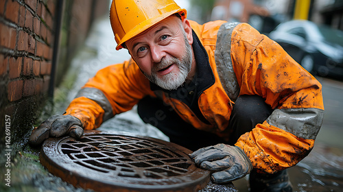 Mature Sewer Worker Inspecting Manhole Cover