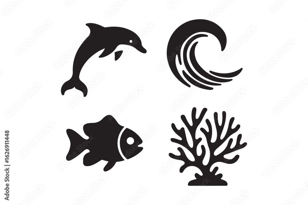 Fototapeta premium Four black silhouette icons representing ocean life and water