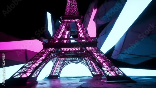 Neon Eiffel Tower Paris, abstract background, digital art