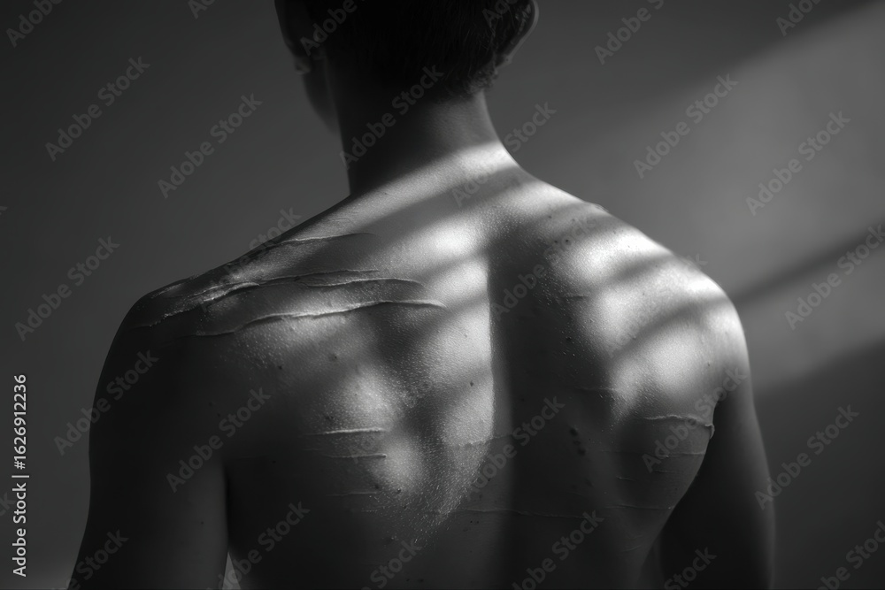 Monochrome studio shot of a person's bare back featuring subtle light and shadow play, creating an evocative and artistic photograph portraying vulnerability and beauty. Monochrome studio shot of a person's bare back featuring subtle light and shadow play, creating an evocative and artistic photograph portraying vulnerability and beauty.