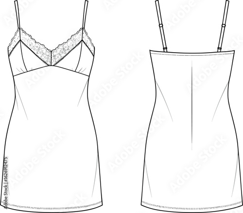 Lingerie slip dress flat sketch, lace detail nightwear design, women's camisole technical drawing front and back, vector fashion cad illustration for apparel template