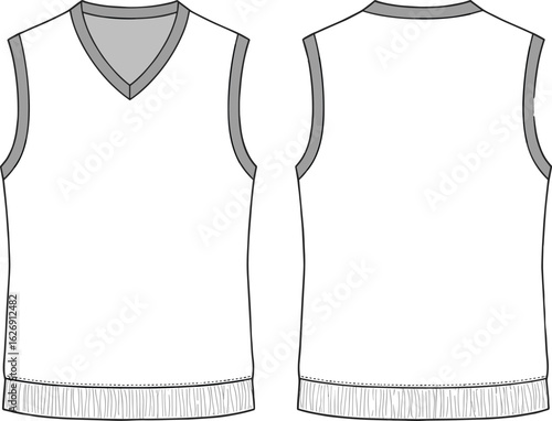 Classic sleeveless vest technical fashion sketch, v-neck knit pullover design, men's flat front and back view, apparel cad drawing for clothing, vector flat illustration