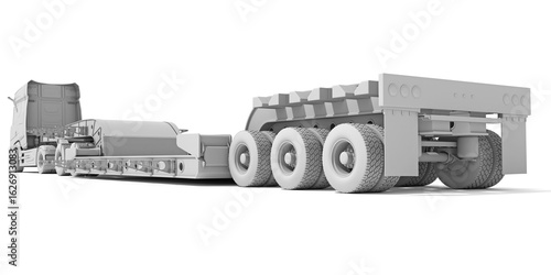 Semi Truck with Lowboy Platform Trailer in Clay Style Render on White Background 3D Rendering