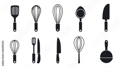 Illustration of various kitchen utensils including whisks spatulas knives and a cooking spoon in black
