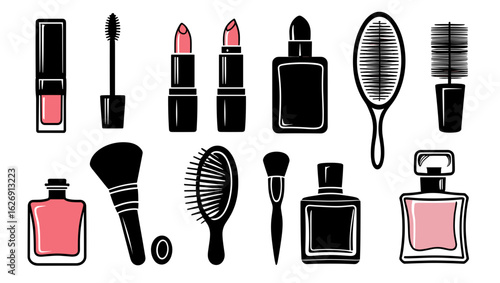 Illustration of various beauty and cosmetic products including brushes lipstick and perfume bottles