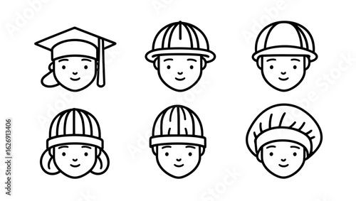 Illustration of six different faces wearing various hats and head coverings in a line art style