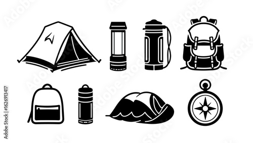 Illustration of camping equipment including tents, backpacks, flashlights, water bottle and compass