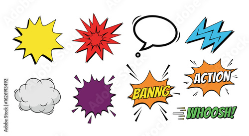 Collection of comic style speech bubbles with action words and effects in various shapes and colors