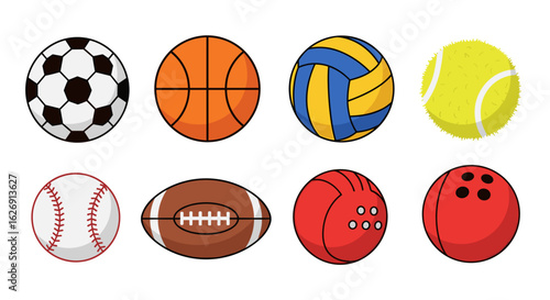 Illustration of eight different sports balls including soccer, basketball, volleyball and tennis ball designs