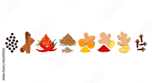 An assortment of spices including peppercorns, cinnamon, chili peppers, cumin, ginger, and cloves displayed