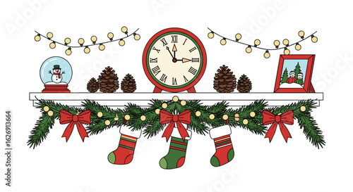 Decorated christmas mantelpiece with clock, snow globe, stockings, and pine cones illustration
