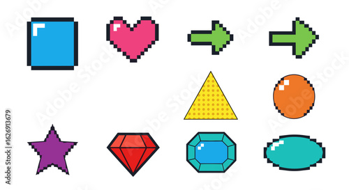 Collection of pixelated icons including a heart, arrows, gems, and geometric shapes arranged nicely