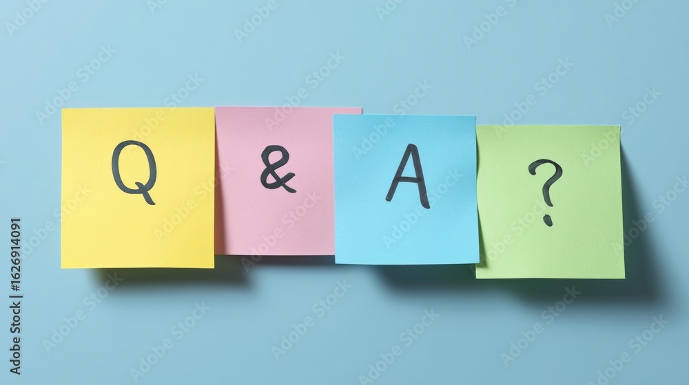 pastel-colored post-it notes with text Q&A and a question mark icon, Question and Anwser pastel-colored post-it notes with text Q&A and a question mark icon, Question and Anwser