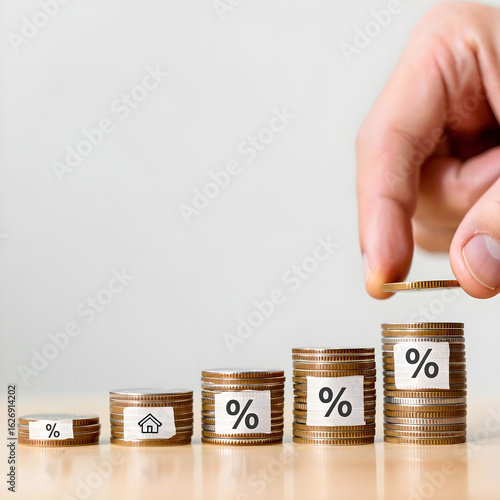 Hand Stacking Coins with Interest Rate and House Symbols