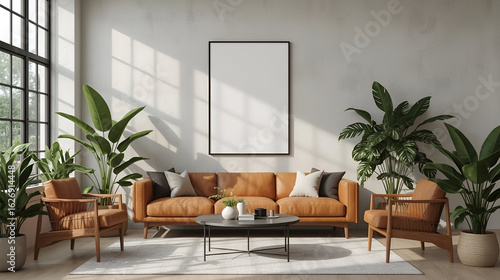 Cozy Interior Poster Frame Mockup – 18x24 Wall Art Display in Plant-Filled Living Room (PSD & JPG)