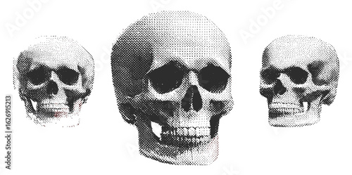 Grunge punk skull with halftone stipple effect, dotted pop art skeleton head. Vintage emo gothic design for rock music posters, album covers, collage art banners, vector illustration, horror theme