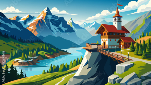 From Männlichen viewpoint, snow-capped peaks stretch endlessly across the horizon, while emerald meadows roll beneath. A crisp alpine breeze carries silence, painting serenity across the majestic Swis
