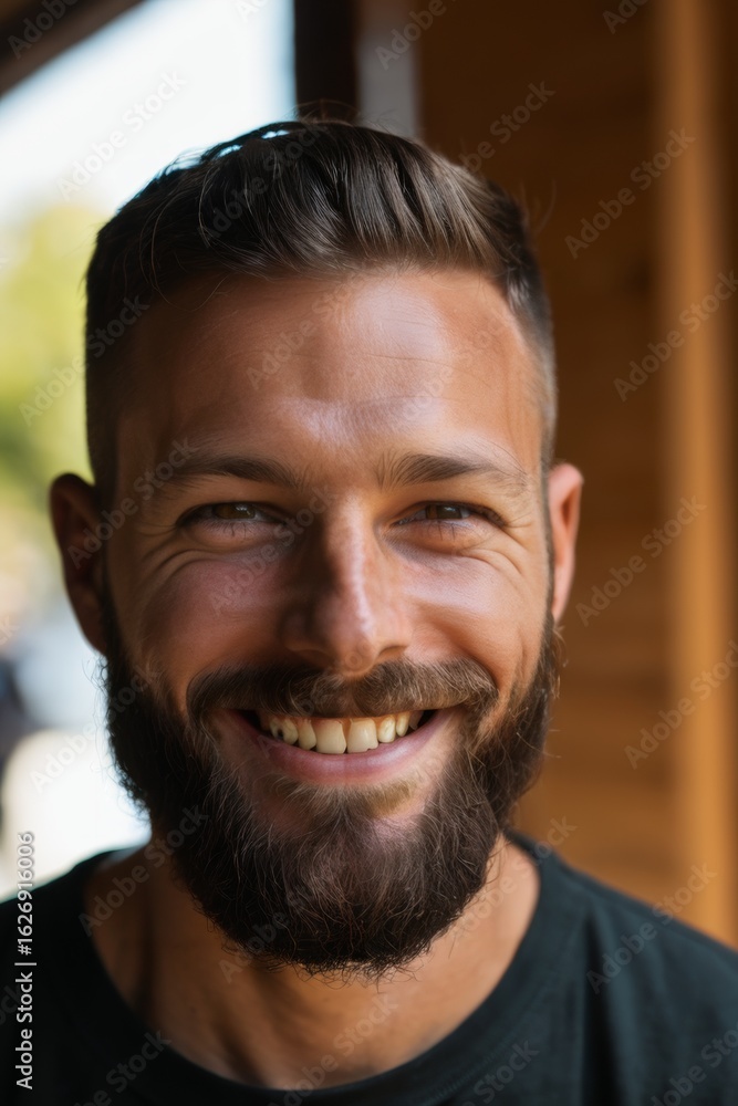 Fototapeta premium Smiling Bearded Man in Black T-shirt