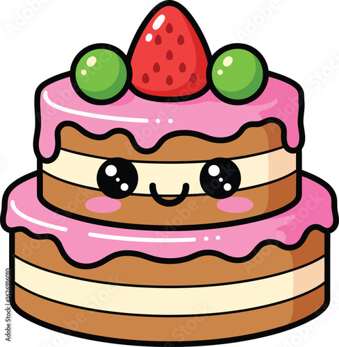 Cute cartoon cake with kawaii eyes and a smile.