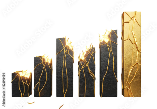 Photo of abstract glowing golden cracks on dark stone pillars representing financial growth and success