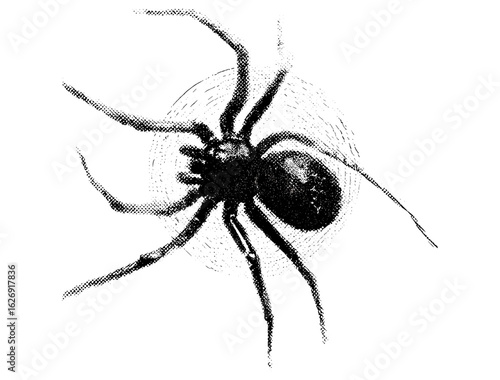 Psychedelic retro vector illustration of spider collage with vintage photocopy stippling effect. Surreal Halloween horror poster design with grunge dotted texture, creepy, spooky, haunted, night