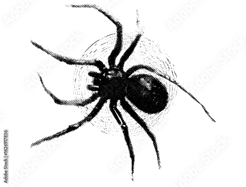 Fototapeta samoprzylepna Psychedelic retro vector illustration of spider collage with vintage photocopy stippling effect. Surreal Halloween horror poster design with grunge dotted texture, creepy, spooky, haunted, night