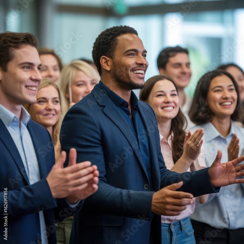 Diverse group of people clapping and smiling in an indoor setting