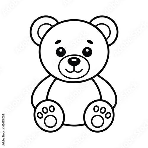 Illustration of a simple teddy bear with rounded features and paw prints in black and white outline