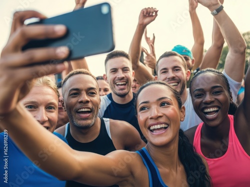 Diverse group of friends taking a happy selfie after a race