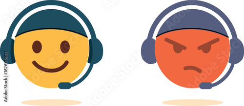Ilustración vectorial de dos emojis expresivos: uno sonriente con gorro de home office y otro frustrado con ceño fruncido. Emociones comunes útiles para comunicación  digital, apps o redes sociales.
