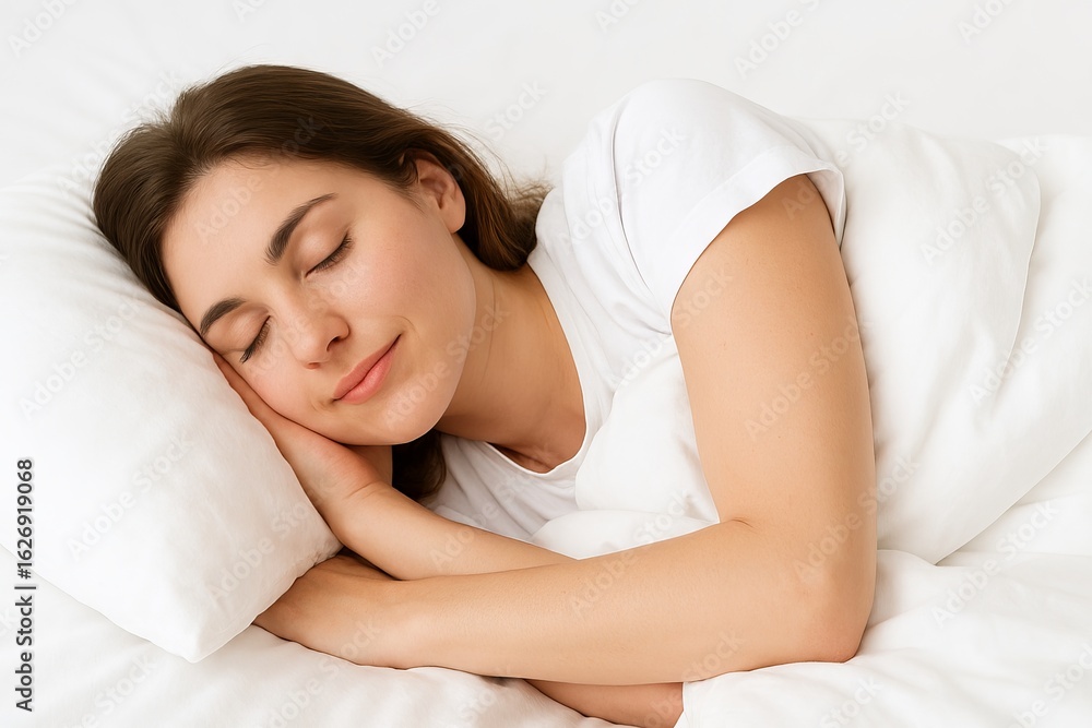 Peaceful woman sleeping soundly on a comfortable white pillow in bed with relaxed expression. concept of restful sleep, tranquility, nighttime relaxation Peaceful woman sleeping soundly on a comfortable white pillow in bed with relaxed expression. concept of restful sleep, tranquility, nighttime relaxation
