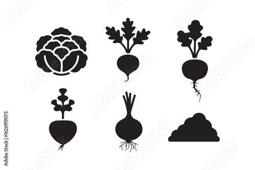 Collection of six black vegetable silhouettes on white background