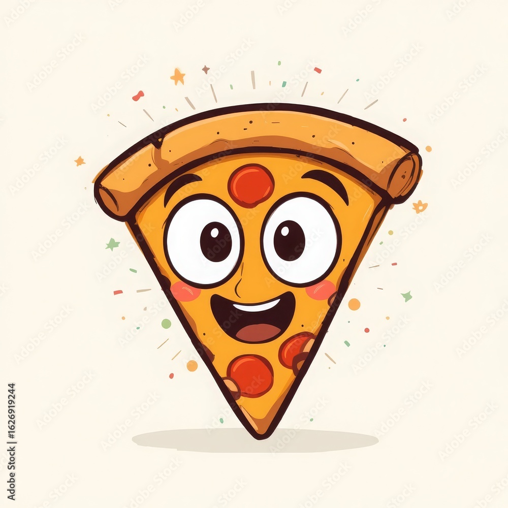 Fototapeta premium Funny logo of happy pizza slice with big eyes in vibrant minimalist cartoon style Generative AI