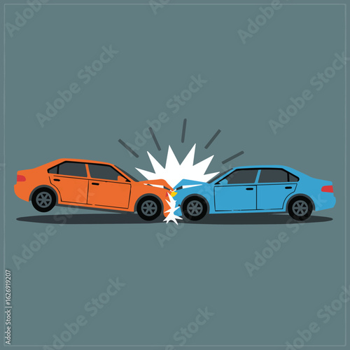 Orange car and blue car colliding head on with a burst of light indicating the impact of the collision
