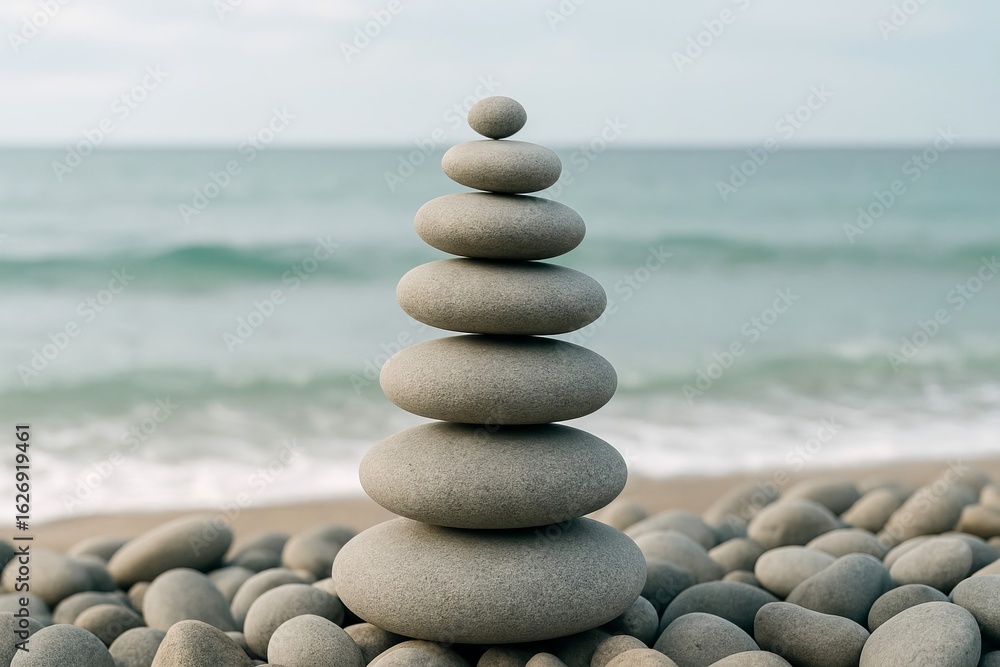 Stack of smooth stones balanced on a rocky beach by the ocean with waves in the background. concept of meditation, tranquility, nature balance. Stack of smooth stones balanced on a rocky beach by the ocean with waves in the background. concept of meditation, tranquility, nature balance.