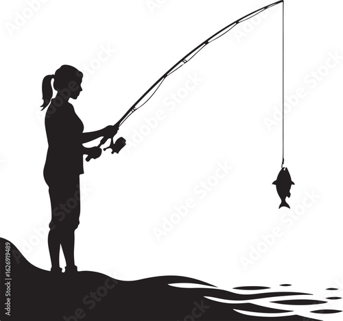 Silhouette of a woman fishing with a caught fish on a white background reel