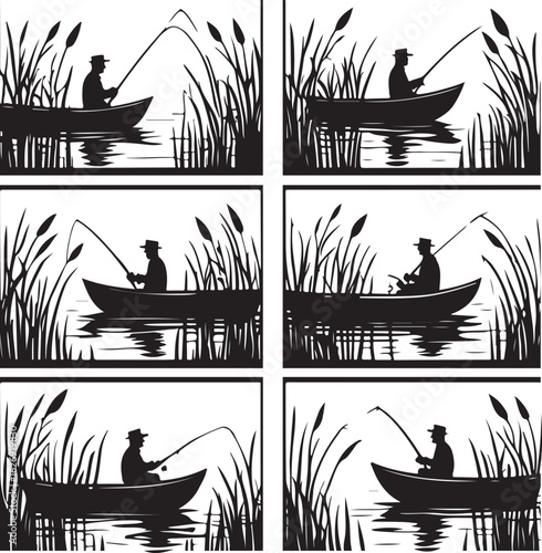 Six scenes of a fisherman in a boat fishing among reeds lake river