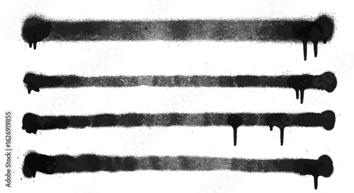Four Horizontal Black Spray Paint Stripes with Drips on White Background